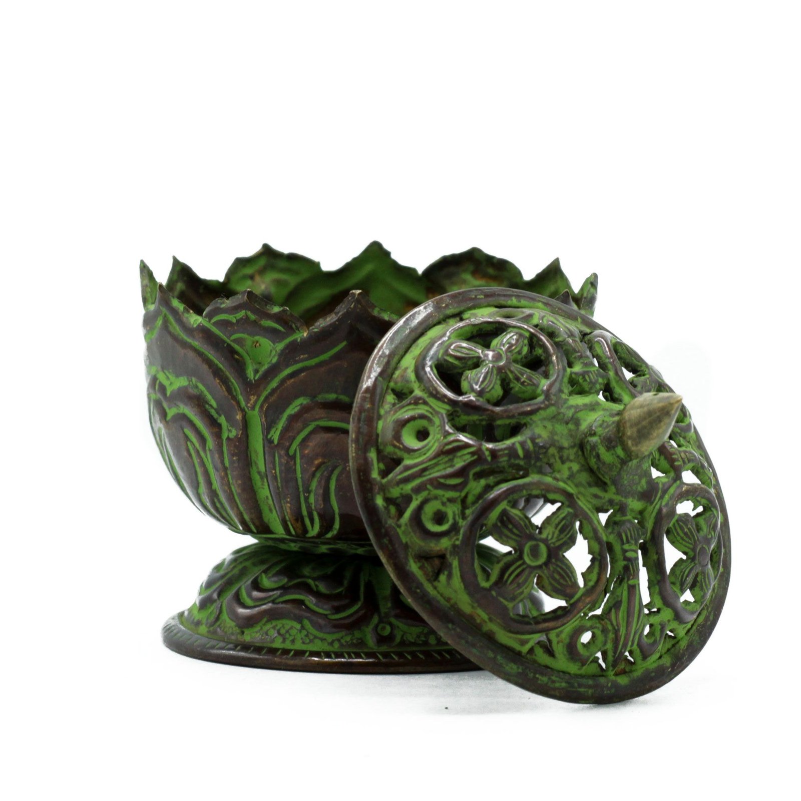 Brass Verdigris Tibetan Incense Burner - Small Lotus - Image 2