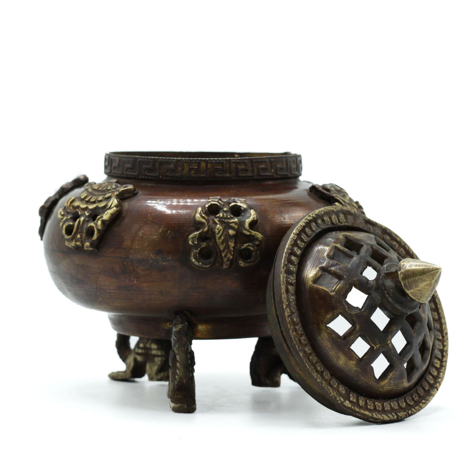 Brass Tibetan Incense Burner - Six Symbols Standing Pot - Image 2
