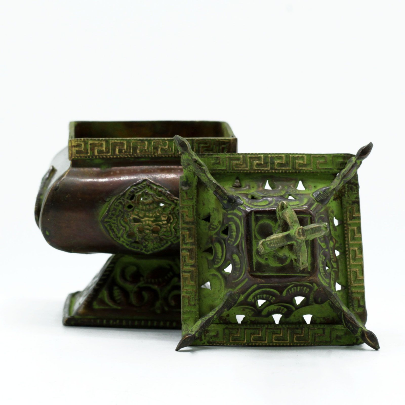 Brass Verdigris Tibetan Burner - Four Symbols Square Standing Pot - Image 2
