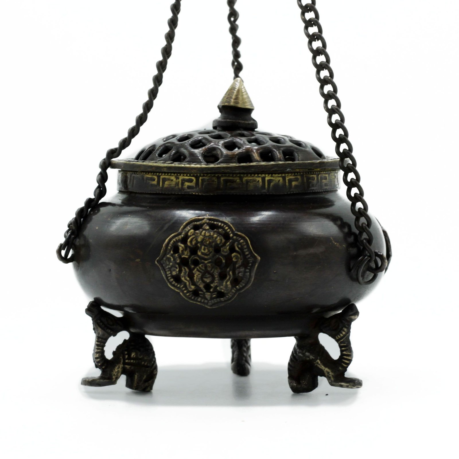 Lrg Brass Tibetan Burner - Four Symbol Hanging Pot - Image 2