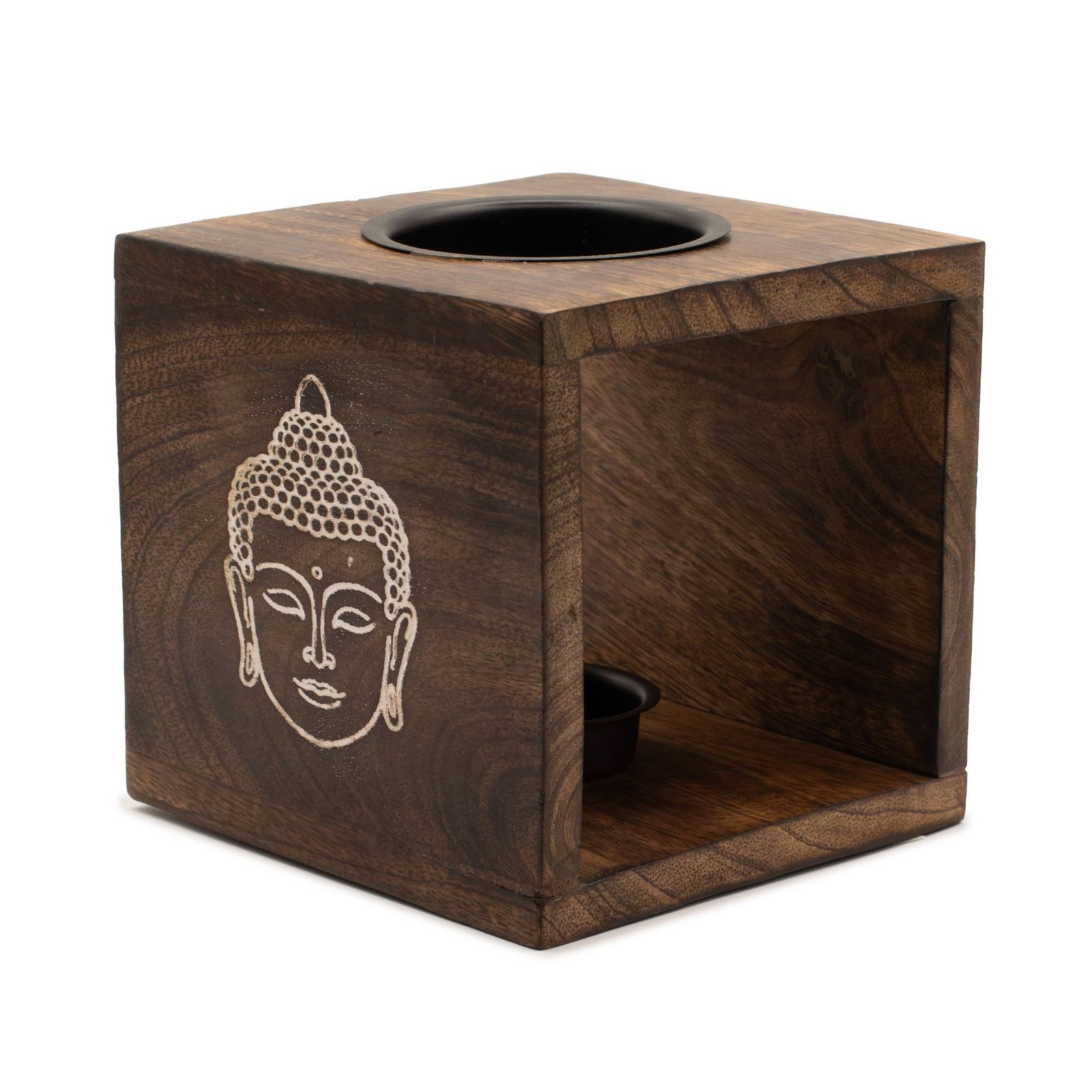 Large Square Mango Wood Oil Burner- Buddha Face