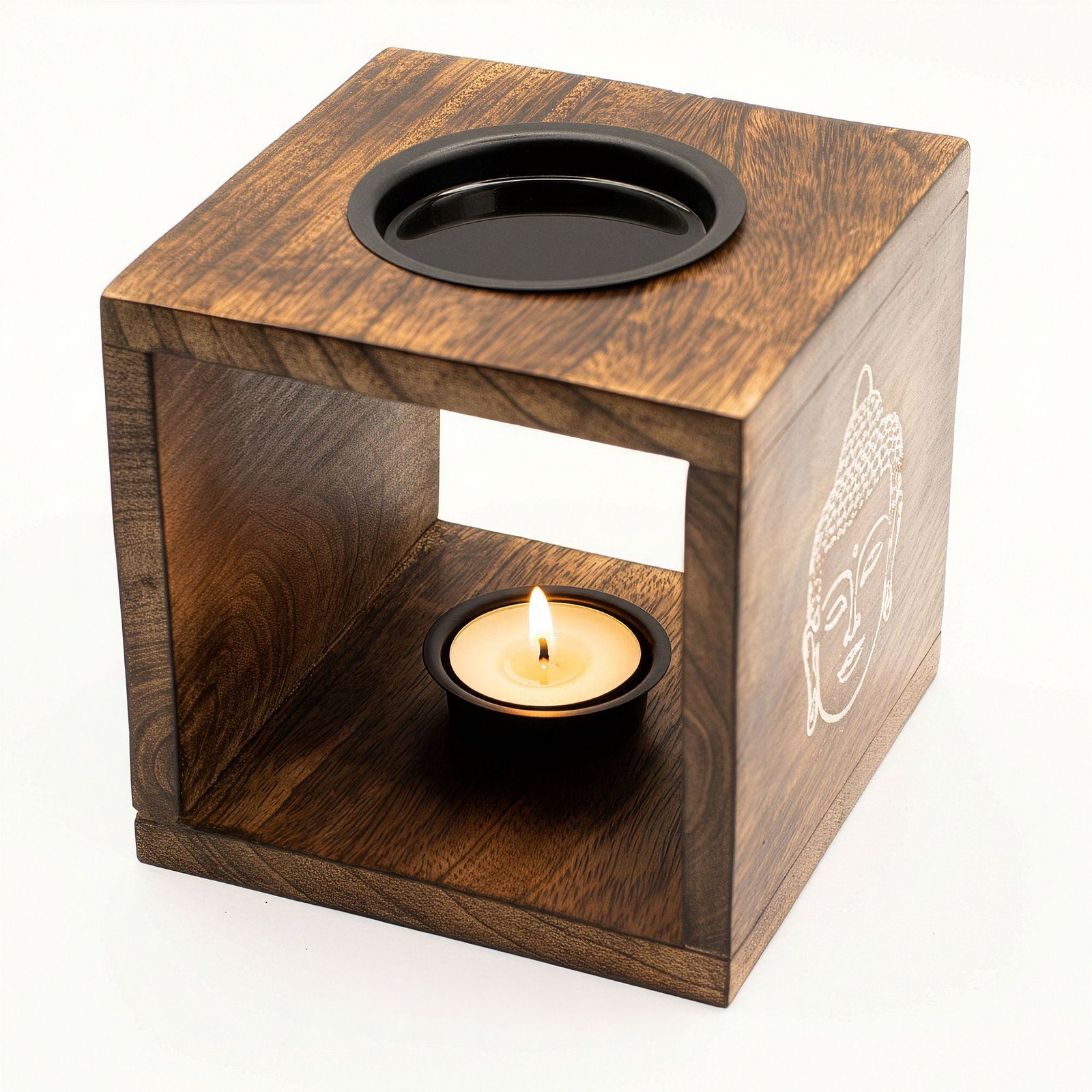 Large Square Mango Wood Oil Burner- Buddha Face - Image 4